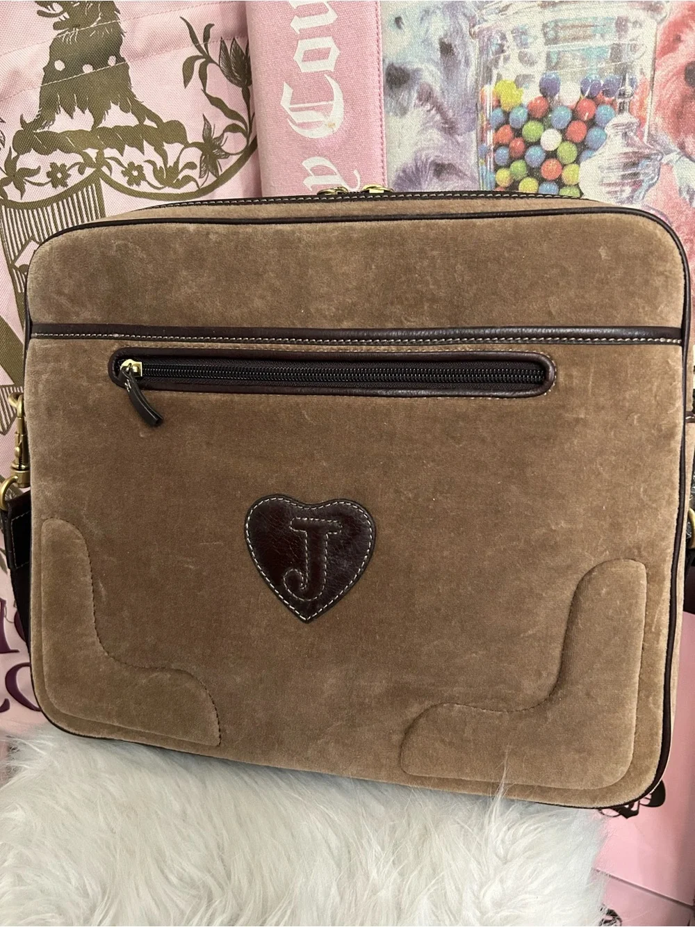 Y2K Vintage 2008 Juicy Couture Brown Velour Laptop Crossbody Bag Floral Logo